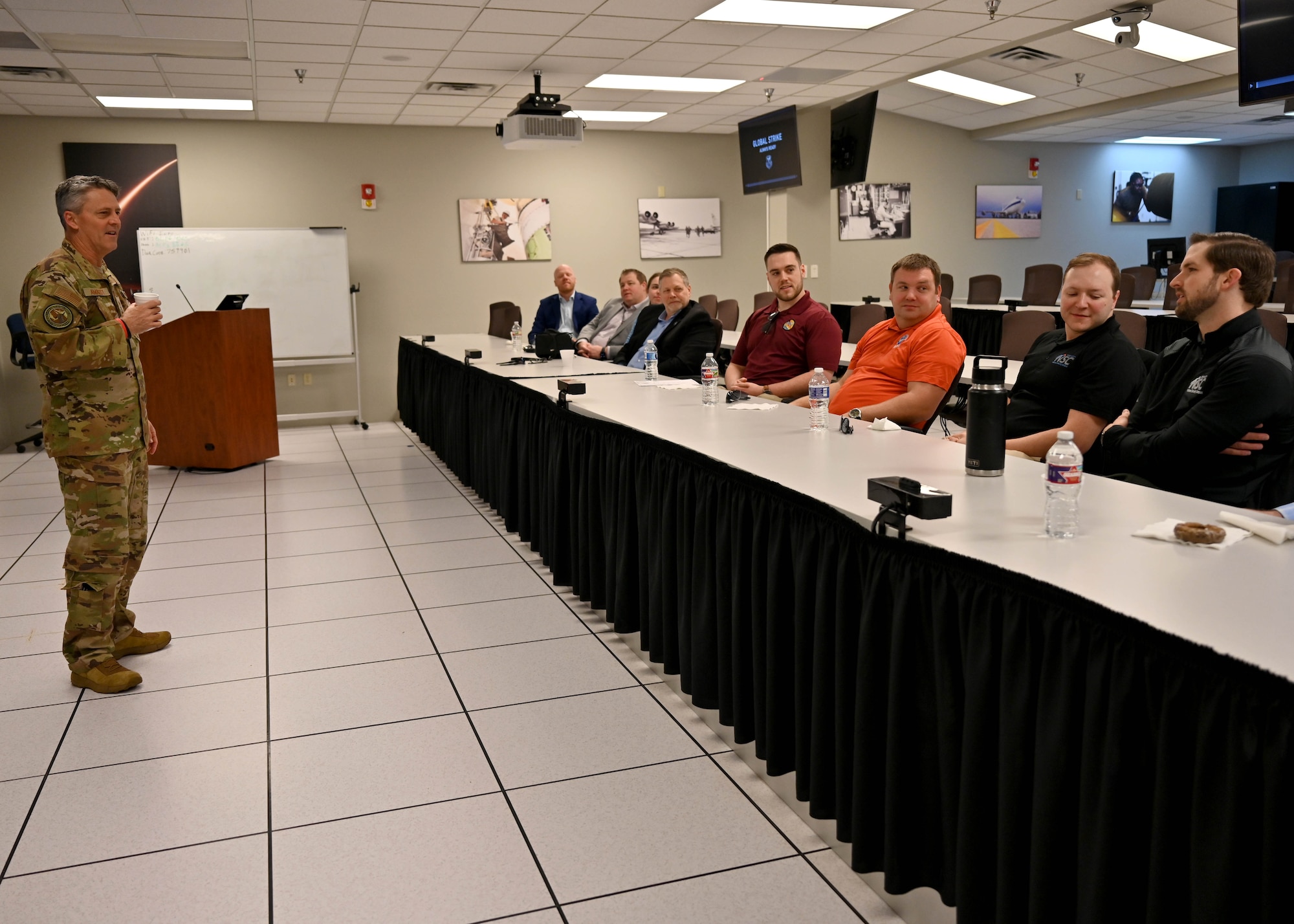Lt. Gen. Jason Armagost, left, Air Force Global Strike Command deputy commander, takes a question