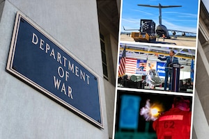 In a graphic, three photographs are stacked next to the Department of War sign on a building.
