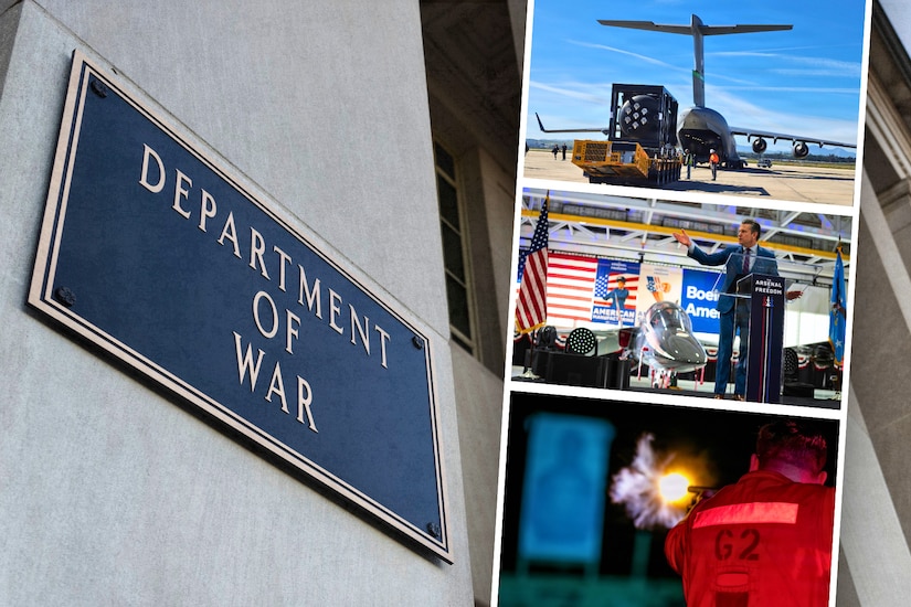 In a graphic, three photographs are stacked next to the Department of War sign on a building.