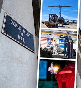 In a graphic, three photographs are stacked next to the Department of War sign on a building.