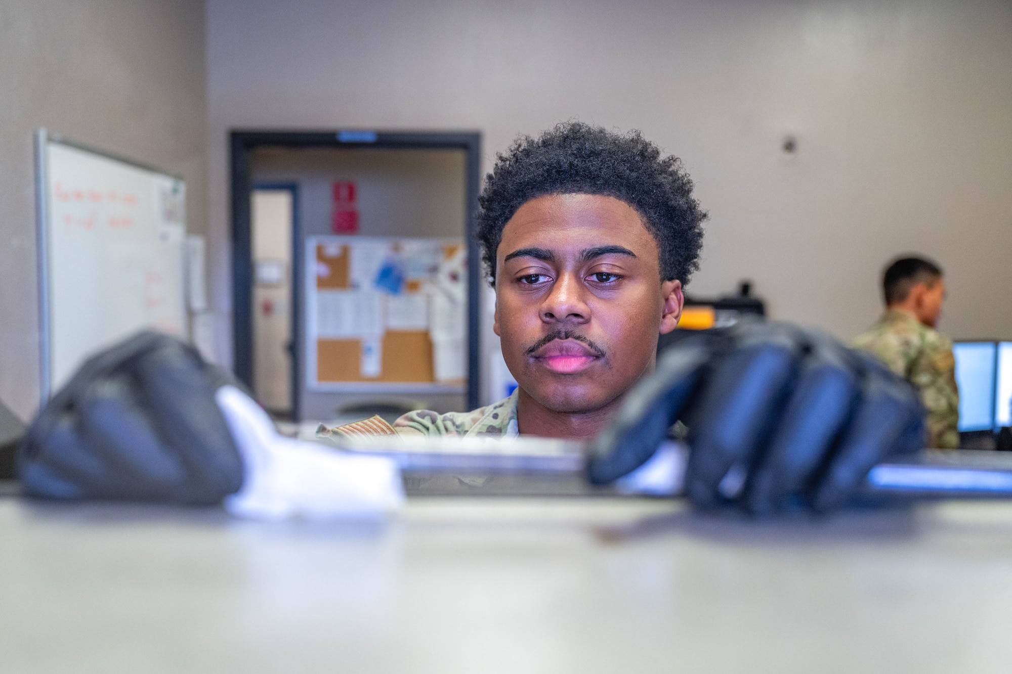 U.S. Air Force Senior Airman Ahmad May, 56th Equipment Maintenance Squadron non-destructive inspection journeyman, prepares a joint oil analysis, Feb. 17, 2026, at Luke Air Force Base, Arizona.