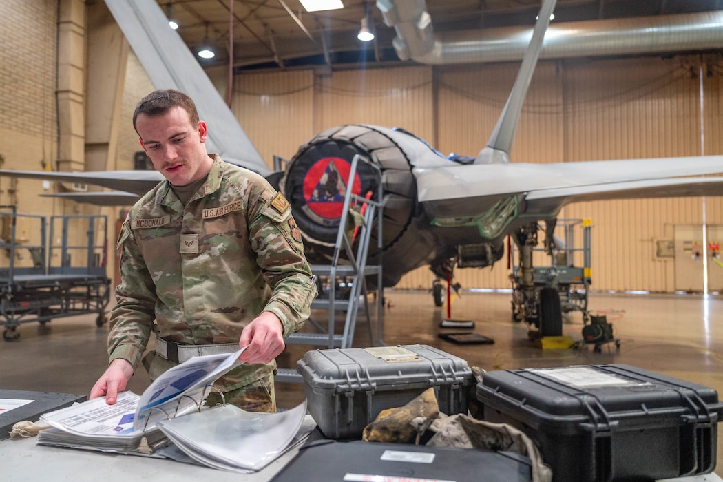 U.S. Air Force Senior Airman Riley McDonald, 56th Equipment Maintenance Squadron non-destructive inspection journeyman, prepares to inspect an F-35A Lightning II, Feb. 17, 2026, at Luke Air Force Base, Arizona.
