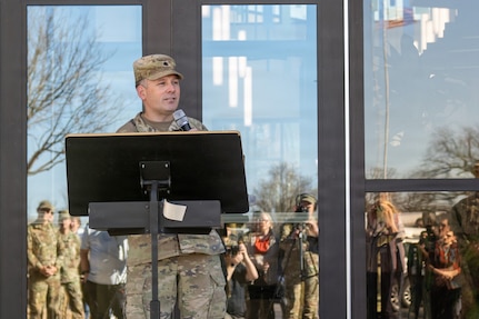 Lt. Col. Montana Dugger, deputy for the Oklahoma Army National Guard Construction and Facilities Maintenance Office, speaks during the ribbon cutting ceremony for the Oklahoma National Guard Wellness Center in Oklahoma City, Feb. 19, 2026. The 35,000-square-foot facility at the Oklahoma City Military Complex in Oklahoma City. Amenities within the wellness center include a fully equipped workout space for resistance training and agility, indoor and outdoor meditation spaces, a chapel, conference rooms, classroom spaces, and a teaching kitchen. The facility also houses OKNG programs and services, including Behavioral Health, Chaplain, Equal Employment Opportunity, Family Programs, Holistic Health and Fitness (H2F), Integrated Primary Prevention, Resilience, Suicide Prevention, Substance Abuse Prevention and Risk Reduction, and Sexual Assault Prevention and Response. (Oklahoma National Guard photo by Anthony Jones)