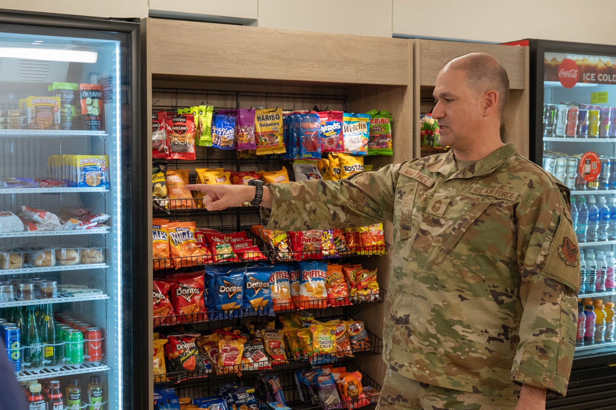 U.S. Air Force Chief Master Sgt. Richard Martinez, Army and Air Force Exchange Service senior enlisted advisor, visits the 7th Security Forces Squadron facility at Dyess Air Force Base, Texas, Feb. 10, 2026. Martinez toured the squadron building and reviewed the Exchange-supported snack area to assess services and support for Airmen. (U.S. Air Force photo by Airman 1st Class William Neal)