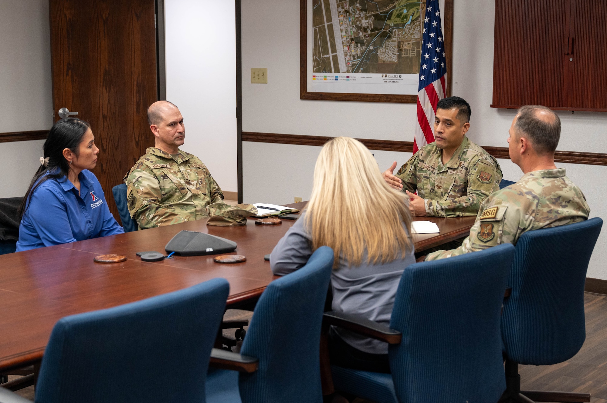 U.S. Air Force Chief Master Sgt. Richard Martinez, Army and Air Force Exchange Service senior enlisted advisor, meets with 7th Mission Support Group leadership at Dyess Air Force Base, Texas, Feb. 10, 2026. During the engagement, leaders discussed feedback opportunities to enhance Exchange services for Airmen and families. (U.S. Air Force photo by Airman 1st Class William Neal)