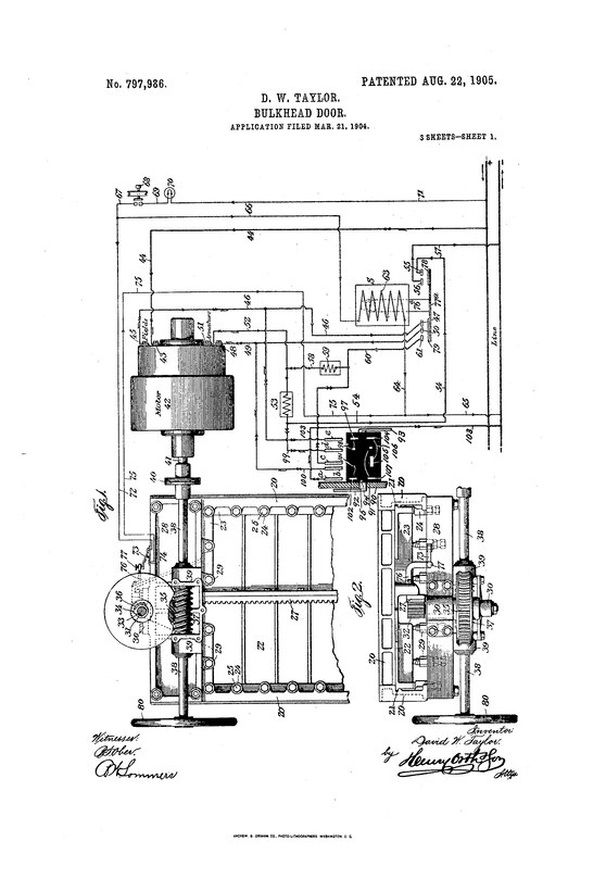 Taylor Patent – Bulkhead Door (1905) 

Drawing from David W. Taylor’s 1905 patent for a bulkhead door mechanism (U.S. Patent No. 797,986). Taylor’s early inventions established a tradition of Navy engineering excellence that continues to inform Carderock’s innovation culture today. (Image courtesy of Google Patents.)