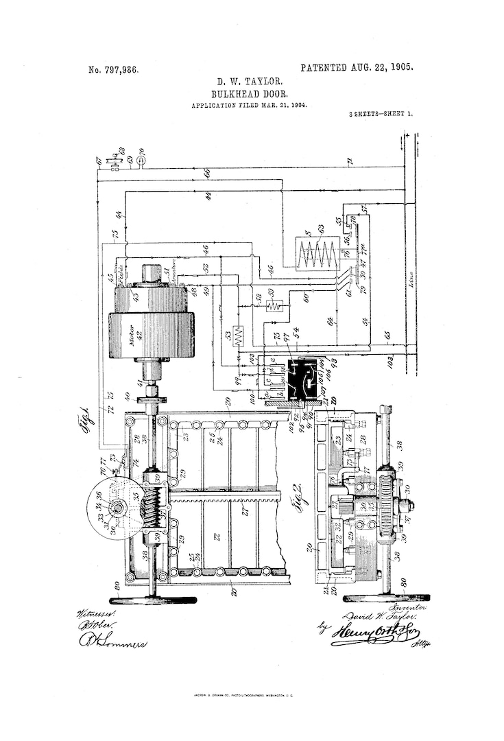 Taylor Patent – Bulkhead Door (1905) 

Drawing from David W. Taylor’s 1905 patent for a bulkhead door mechanism (U.S. Patent No. 797,986). Taylor’s early inventions established a tradition of Navy engineering excellence that continues to inform Carderock’s innovation culture today. (Image courtesy of Google Patents.)