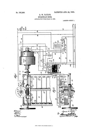 Taylor Patent – Bulkhead Door (1905) 

Drawing from David W. Taylor’s 1905 patent for a bulkhead door mechanism (U.S. Patent No. 797,986). Taylor’s early inventions established a tradition of Navy engineering excellence that continues to inform Carderock’s innovation culture today. (Image courtesy of Google Patents.)