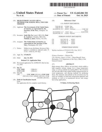 High-Entropy Alloy Patent (2025)

U.S. Patent No. 12,442,061, issued Oct. 14, 2025, to NSWCCD scientists Suok-Min Na, Paul Lambert, and Nicholas Jones, covers high-entropy alloys with enhanced magnetic and thermal properties. The invention describes materials and methods supporting applications in magnetostrictive actuators, sensors, and solid-state refrigeration systems. (Image courtesy of Google Patents.)