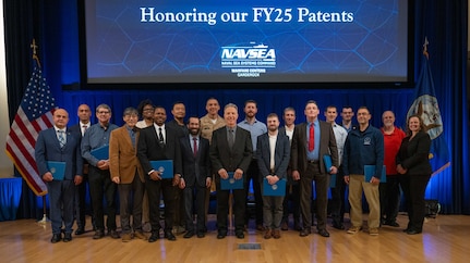 Inventors from Naval Surface Warfare Center Carderock Division gather for the FY25 Patent Awards Ceremony, where the command recognized employees whose innovations were issued U.S. patents over the past year. The event highlights Carderock’s ongoing commitment to cultivating and celebrating technical creativity across the workforce. (U.S. Navy photo by Corum Beyers.)