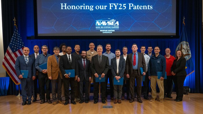 Inventors from Naval Surface Warfare Center Carderock Division gather for the FY25 Patent Awards Ceremony, where the command recognized employees whose innovations were issued U.S. patents over the past year. The event highlights Carderock’s ongoing commitment to cultivating and celebrating technical creativity across the workforce. (U.S. Navy photo by Corum Beyers.)