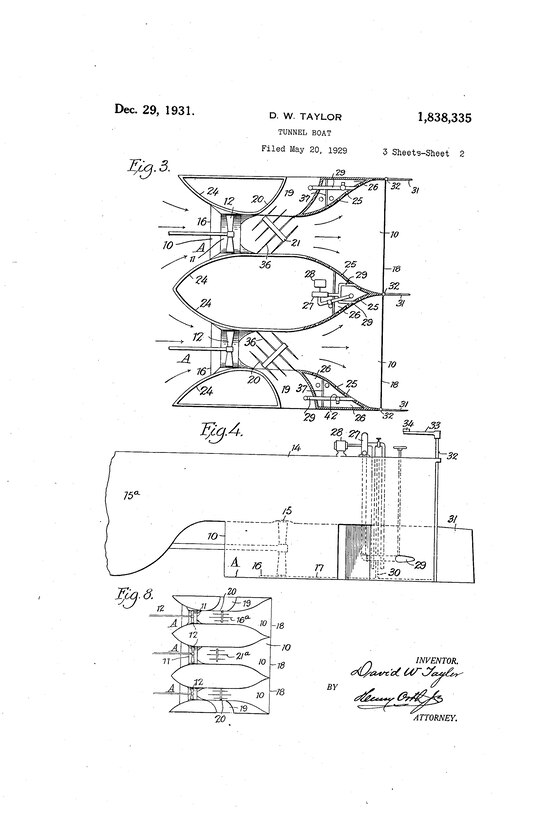 Fig. 3–8 from David W. Taylor’s 1931 patent for a tunnel-boat design (U.S. Patent No. 1,838,335). Taylor, Carderock’s founding naval architect, earned 13 patents from the late 1890s to the 1930s for innovations that helped shape modern ship design. (Image courtesy of Google Patents.)