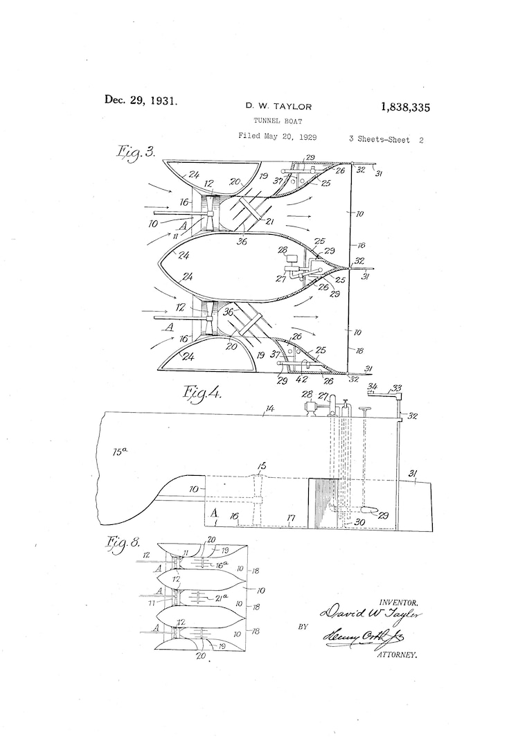 Fig. 3–8 from David W. Taylor’s 1931 patent for a tunnel-boat design (U.S. Patent No. 1,838,335). Taylor, Carderock’s founding naval architect, earned 13 patents from the late 1890s to the 1930s for innovations that helped shape modern ship design. (Image courtesy of Google Patents.)