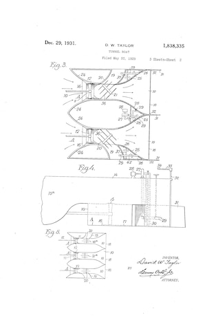 Fig. 3–8 from David W. Taylor’s 1931 patent for a tunnel-boat design (U.S. Patent No. 1,838,335). Taylor, Carderock’s founding naval architect, earned 13 patents from the late 1890s to the 1930s for innovations that helped shape modern ship design. (Image courtesy of Google Patents.)