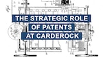 Graphic depicting part of the article title "The Strategic Role of Patents at Carderock" on top of a drawing from David W. Taylor’s 1905 patent for a bulkhead door mechanism (U.S. Patent No. 797,986).