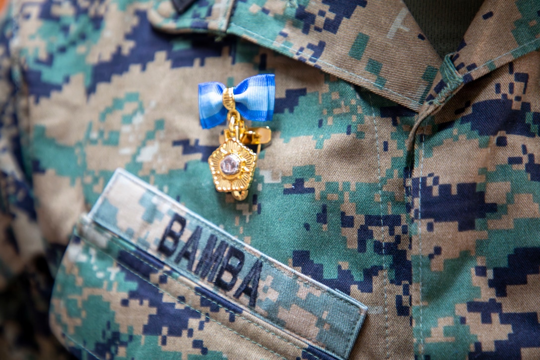 A Republic of Korea Prime Minister Commendation is worn by U.S. Marine Corps Sgt. Maj. Ismael G. Bamba, command senior enlisted leader of Marine Forces Korea, during an award ceremony at Republic of Korea Marine Corps Headquarters at Camp Baran, South Korea, Feb. 3, 2026. The commendation highlights significant efforts supporting regional stability, alliance readiness and combined operational effectiveness on the Korean Peninsula. (U.S. Marine Corps photo by Gunnery Sgt. Antonio Campbell)