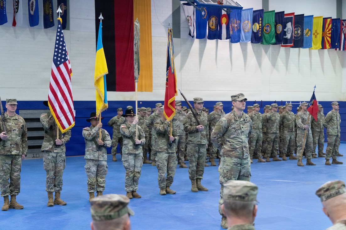 U.S. Army Soldiers participate in a Joint Multinational Training Group–Ukraine transfer of authority ceremony at Grafenwoehr Training Area, Germany, Feb. 18, 2026.