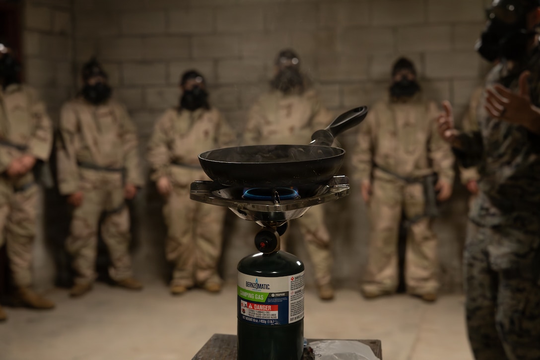 U.S. Marines with 1st Battalion, 25th Marine Regiment, conduct chemical, biological, radiological and nuclear training during an Intermediate Location (ILOC) event held at Camp Pendleton, California, Feb. 9, 2026. ILOC is a pre-deployment event to ensure readiness, emphasizing small-unit leadership roles and responsibilities. (U.S. Marine Corps photo by Lance Cpl. Claire Cheney)