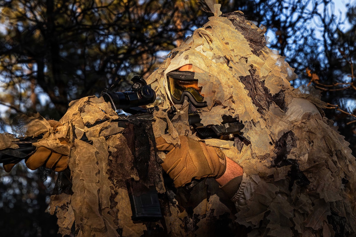 Cadet First Class Vance Carew participates in small-unit tactics scenarios during Silver Weekend Training at the U.S. Air Force Academy, Colo., Feb. 6, 2026. The training reinforced foundational military skills and cadet-led competencies, including simulated weapons handling, land navigation, Tactical Combat Casualty Care and mission planning. (U.S. Air Force photo by Trevor Cokley)