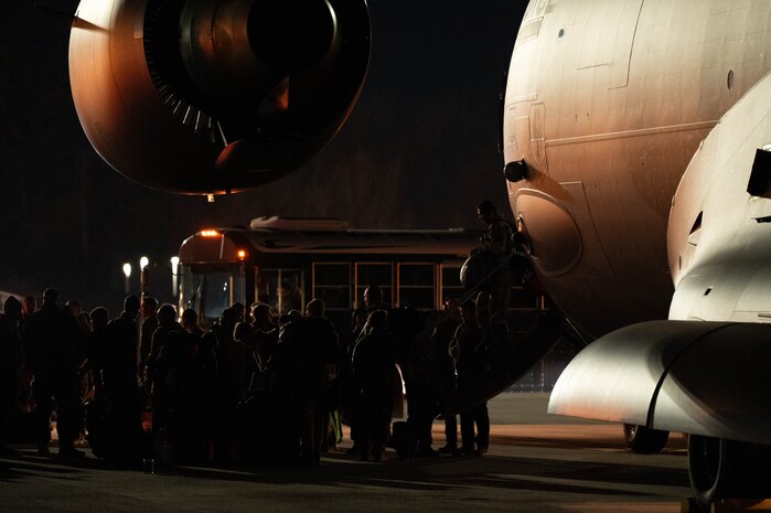 Joint Base Charleston Airmen deplane from a C-17 Globemaster III aircraft upon returning from Operation Palmetto Reach, a part of Combat Readiness Exercise 2026, at Joint Base Charleston.