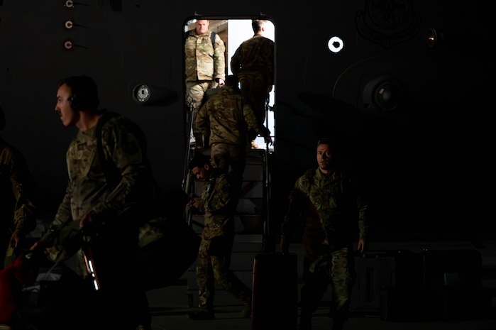 Joint Base Charleston Airmen deplane from a C-17 Globemaster III aircraft upon returning from Operation Palmetto Reach, a part of Combat Readiness Exercise 2026, at Joint Base Charleston.