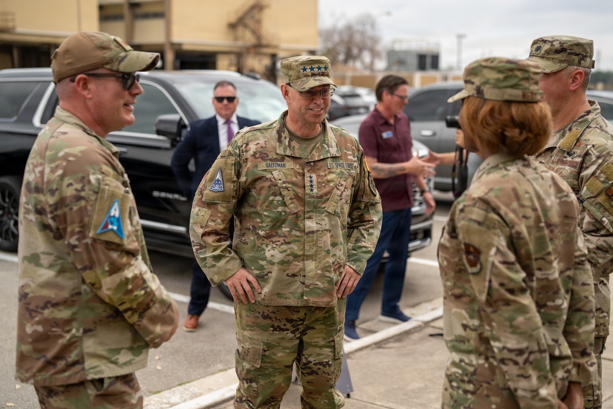 U.S. Space Force Chief of Space Operations Gen. Chance Saltzman greets senior leaders upon arriving at Detachment 3, Space Delta 1, Joint Base San Antonio-Lackland, Texas, Feb., 18, 2026. CSO visited with Military Training Instructors and staff of U.S. Air Force and U.S. Space Force Basic Military Training to discuss upcoming changes to BMT training and the importance of the MTIs to shape, train, and inspire Guardians with the foundation to deliver the world's premier space power. (U.S. Air Force photo by Jonathan R. Mallard)