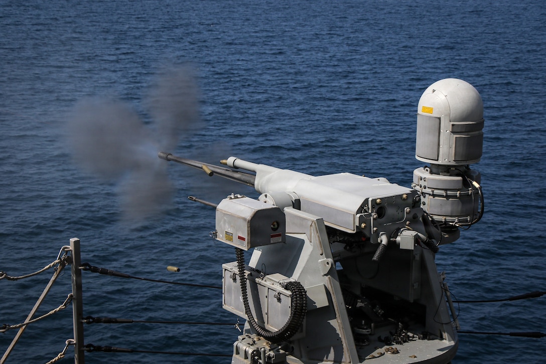A Mark 38 25mm machine gun fires during a live-fire exercise aboard Arleigh Burke-class guided-missile destroyer USS Frank E. Petersen Jr. (DDG 121), Feb. 10, 2026. Frank E. Peterson Jr. is deployed to the U.S. 5th Fleet area of operations to support maritime security and stability throughout the Middle East. (U.S. Navy photo by Mass Communication Specialist 2nd Class Christian Kibler)