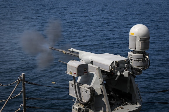 A Mark 38 25mm machine gun fires during a live-fire exercise aboard Arleigh Burke-class guided-missile destroyer USS Frank E. Petersen Jr. (DDG 121), Feb. 10, 2026. Frank E. Peterson Jr. is deployed to the U.S. 5th Fleet area of operations to support maritime security and stability throughout the Middle East. (U.S. Navy photo by Mass Communication Specialist 2nd Class Christian Kibler)