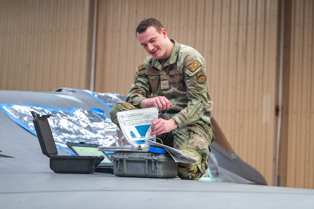 U.S. Air Force Senior Airman Riley McDonald, 56th Equipment Maintenance Squadron non-destructive inspection journeyman, prepares for an inspection on a F-35A Lightning II, Feb. 17, 2026, at Luke Air Force Base, Arizona.