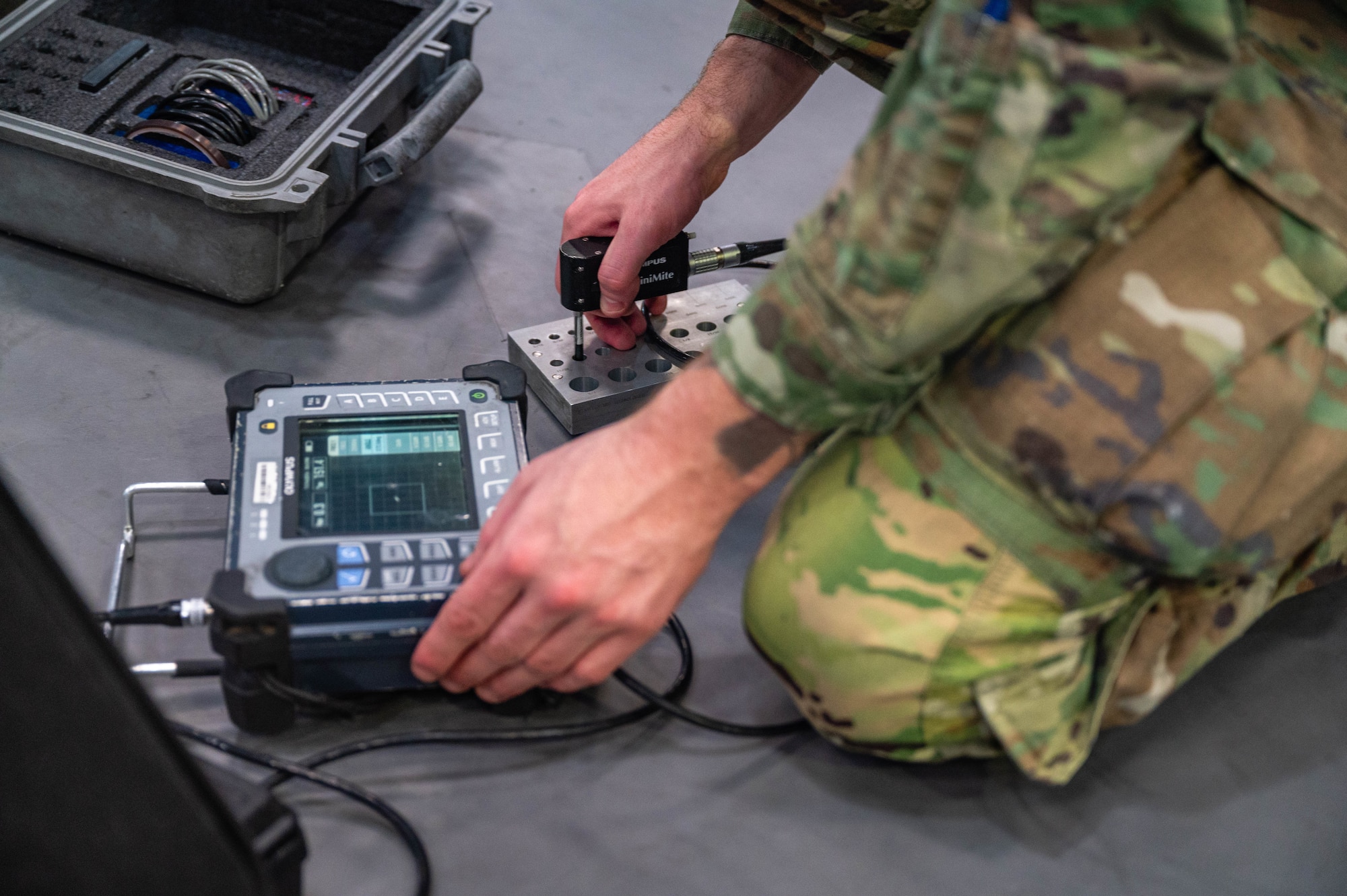 U.S. Air Force Senior Airman Riley McDonald, 56th Equipment Maintenance Squadron non-destructive inspection journeyman, conducts a bolt hole inspection on an F-35A Lightning II, Feb. 17, 2026, at Luke Air Force Base.