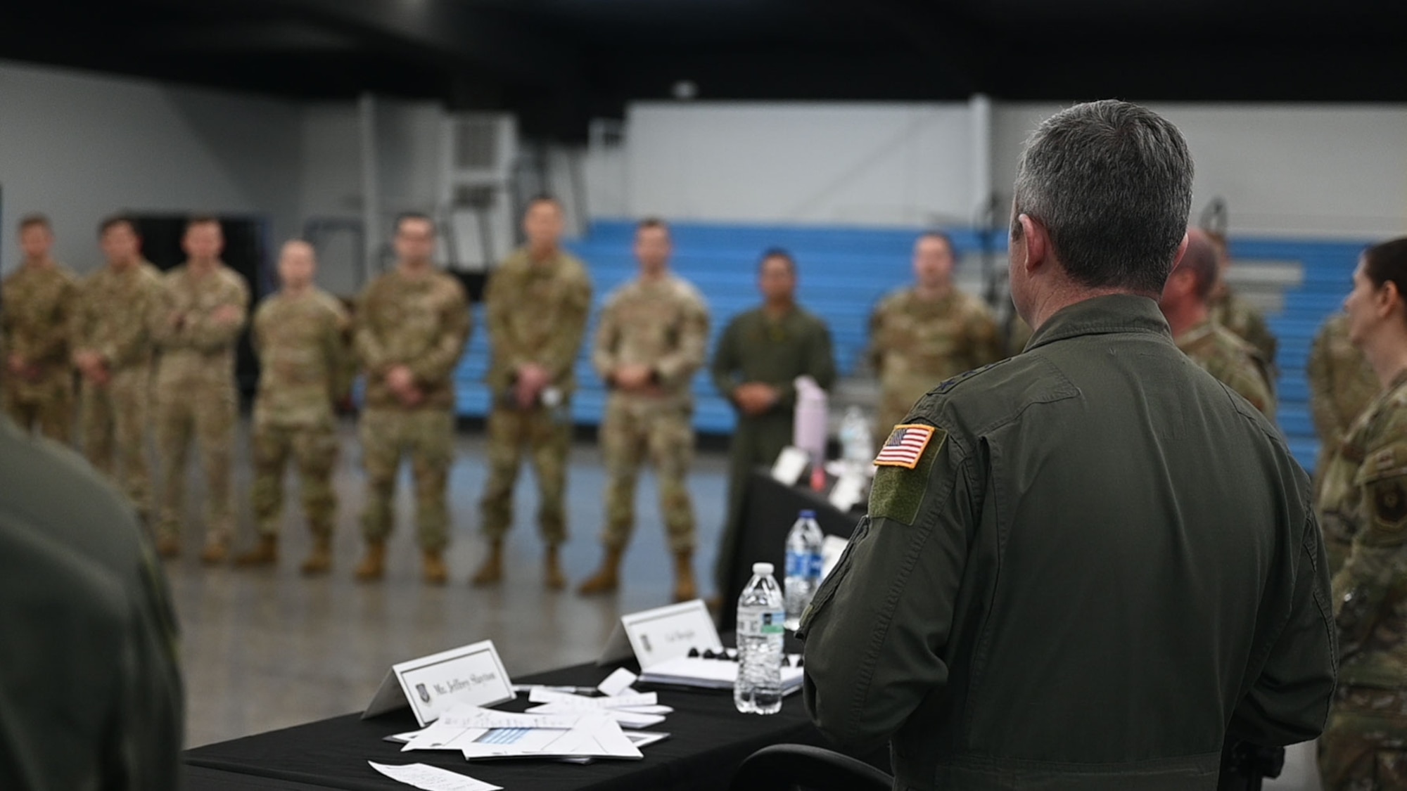 U.S. Air Force Lt. Gen. Mike Conley, commander of Air Force Special Operations Command, speaks with the group of finalists selected to compete in the third annual Thunder Dome innovation competition.