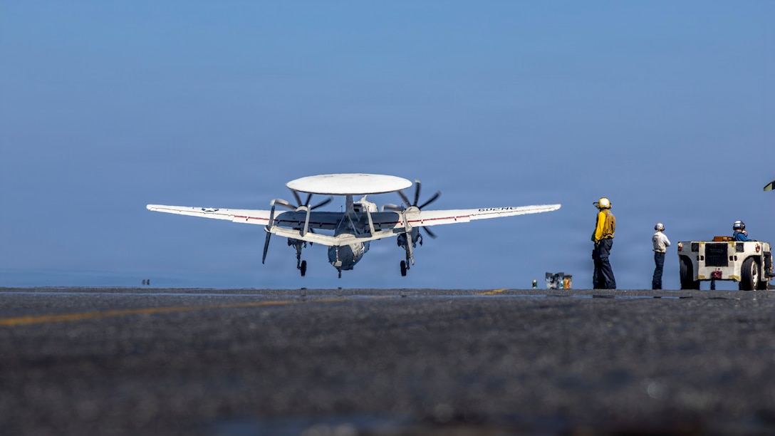 An E-2D Hawkeye, attached to Airborne Command & Control Squadron (VAW) 117, launches from the flight deck of Nimitz-class aircraft carrier USS Abraham Lincoln (CVN 72) in the Arabian Sea, Feb. 15, 2026. Abraham Lincoln is deployed to the U.S. 5th Fleet area of operations to support maritime security and stability in the Middle East. (U.S. Navy photo by Mass Communication Specialist Seaman Daniel Kimmelman)