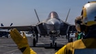 An F-35C Lightning II, attached to Marine Fighter Attack Squadron (VMFA) 314, prepares to launch from the flight deck of Nimitz-class aircraft carrier USS Abraham Lincoln (CVN 72) in the Arabian Sea, Feb. 15, 2026. Abraham Lincoln is deployed to the U.S. 5th Fleet area of operations to support maritime security and stability in the Middle East. (U.S. Navy photo by Mass Communication Specialist Seaman Daniel Kimmelman)