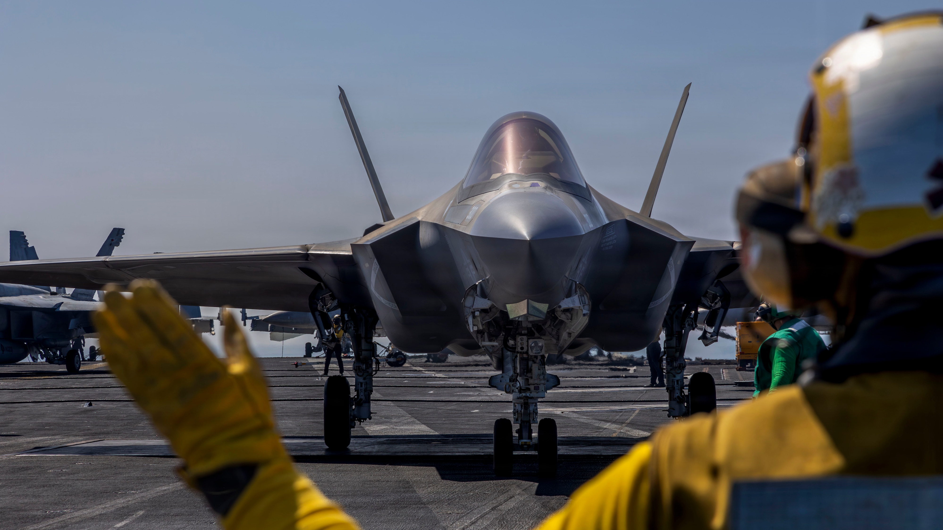 F-35C Lightning II attached to VMFA-314 prepares to launch from the flight deck of USS Abraham Lincoln (CVN 72) in the Arabian Sea