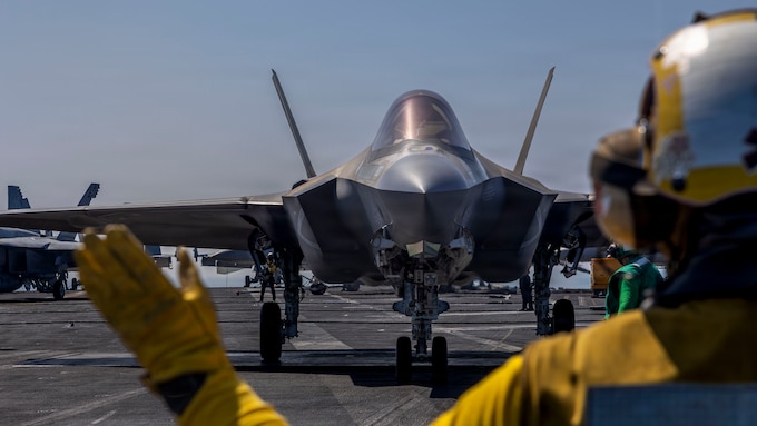An F-35C Lightning II, attached to Marine Fighter Attack Squadron (VMFA) 314, prepares to launch from the flight deck of Nimitz-class aircraft carrier USS Abraham Lincoln (CVN 72) in the Arabian Sea, Feb. 15, 2026. Abraham Lincoln is deployed to the U.S. 5th Fleet area of operations to support maritime security and stability in the Middle East. (U.S. Navy photo by Mass Communication Specialist Seaman Daniel Kimmelman)