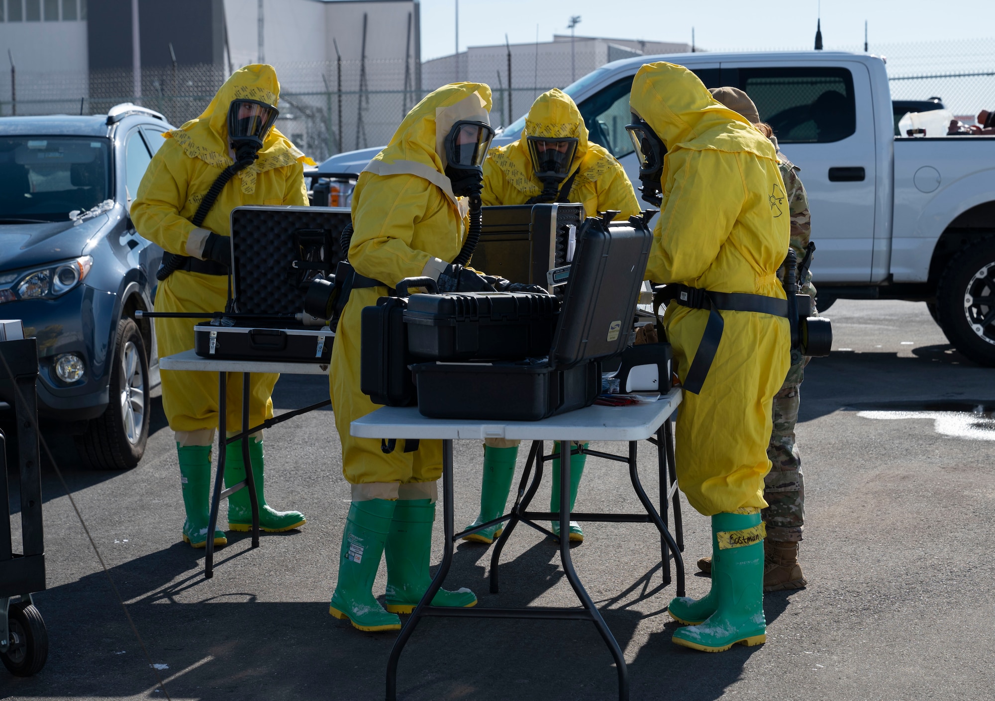 U.S. Air Force Airmen assigned to the 87th Civil Engineer Squadron’s Installation Office of Emergency Management assess equipment needed for a collaborative training exercise at Joint Base McGuire-Dix-Lakehurst, N.J., Jan. 28, 2026. The IOEM and the 87th Civil Engineer Squadron’s Explosive Ordnance Disposal units trained together to practice proper communication and evaluate response time between agencies through careful coordination across multiple teams. (U.S. Air Force photo by Airman 1st Class Luisa E. Dugan)