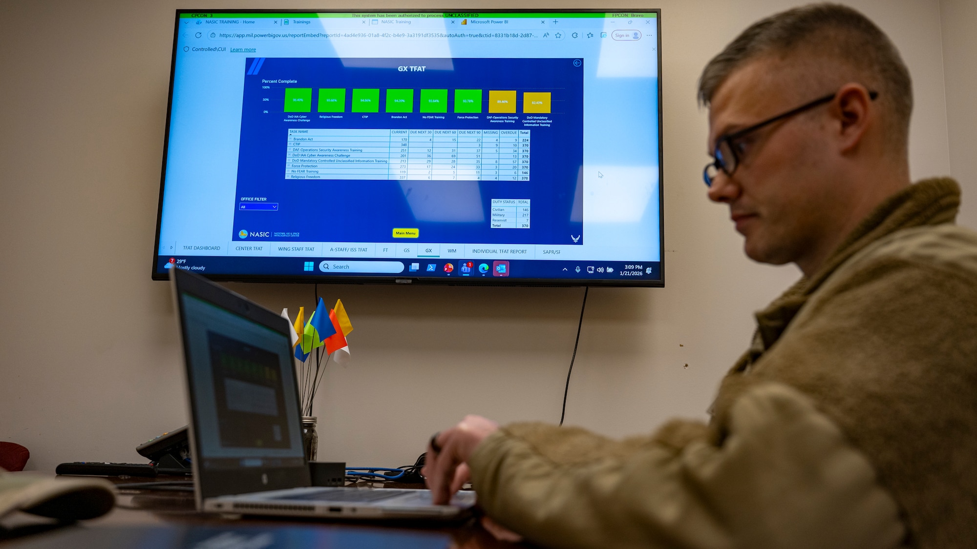 Tech. Sgt. Jared Schweitzer prepares his product for the “Power BI for All” showcase.