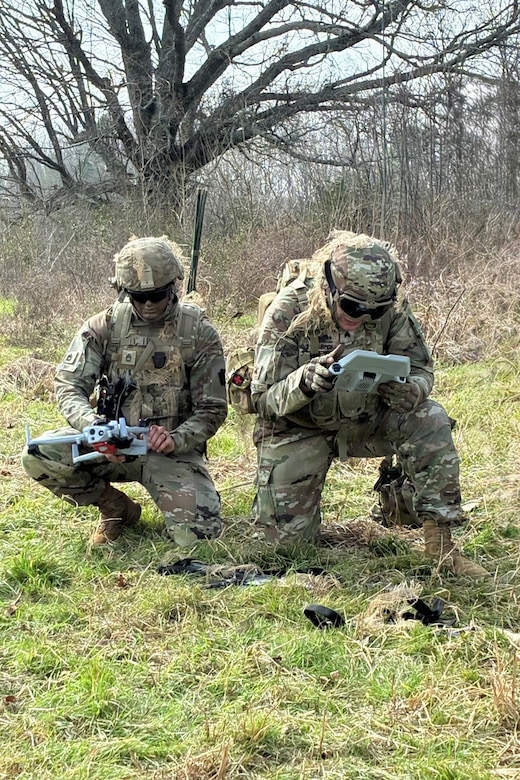 Sgt. 1st Class Brent Wehr, left, and Sgt. Tyler Beck of the 28th Infantry Division compete in the Best Tactical Squad competition at the U.S. Army’s inaugural Best Drone Warfighter Competition, which was held Feb. 17-19, 2026, in Huntsville, Alabama. (Courtesy photo)
