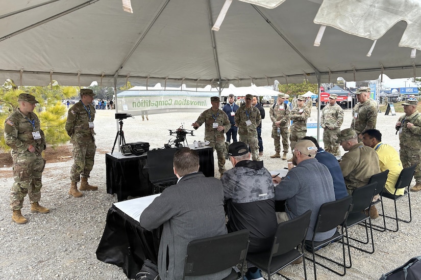 Soldiers from the 28th Infantry Division give a presentation to a panel of judges during the innovation competition at the U.S. Army’s inaugural Best Drone Warfighter Competition, which was held Feb. 17-19, 2026, in Huntsville, Alabama. (Courtesy photo)
