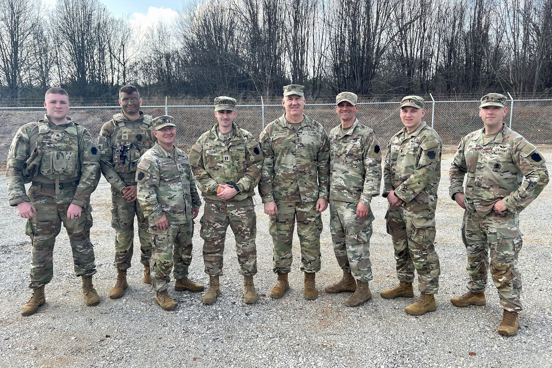 Soldiers from the 28th Infantry Division who competed in the U.S. Army’s inaugural Best Drone Warfighter Competition pose with Maj. Gen. Michael Wegscheider, Deputy Adjutant General - Army, Pennsylvania National Guard, and Command Sgt. Maj. Oscar Laughman, Command Sergeant Major - Army, Pennsylvania National Guard,  Feb. 19, 2026, in Huntsville, Alabama. (Courtesy photo)