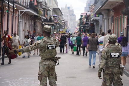 Louisiana National Guard Soldiers conduct crowd management operations in the French Quarter during peak Mardi Gras security operations in New Orleans, Feb. 17, 2026.