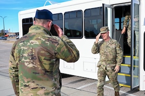 U.S. Air Force Gen. S.L. Davis, commander of Air Force Global Strike Command, receives a salute during a visit to Ellsworth Air Force Base, S.D., Feb. 18, 2026.