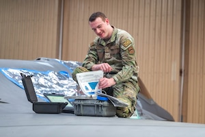 U.S. Air Force Senior Airman Riley McDonald, 56th Equipment Maintenance Squadron non-destructive inspection journeyman, prepares for an inspection on a F-35A Lightning II, Feb. 17, 2026, at Luke Air Force Base, Arizona.