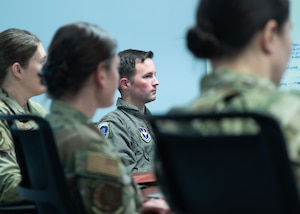 U.S. Air Force Maj. Adam Geeskie, Air Command and Staff College student, participates in a seminar discussion at Maxwell Air Force Base, Alabama, Feb. 19, 2026.