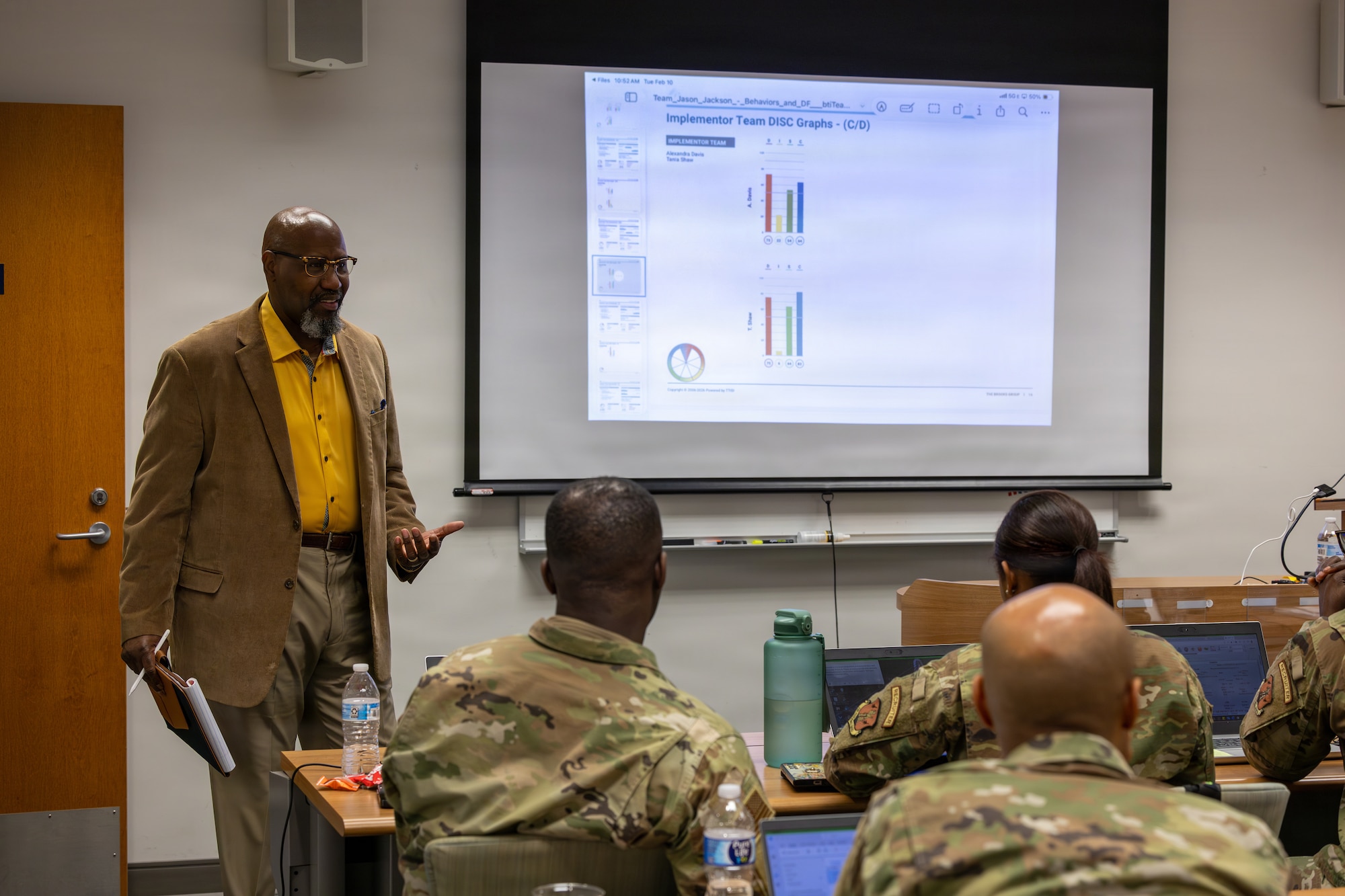 Rondey Bullock, the Brooks Group, senior director of sales effectiveness, shares the characteristics of an implementor team at the North Carolina National Guard Joint Force Headquarters (JFHQ-NC), Raleigh, N.C., Feb. 10, 2026.