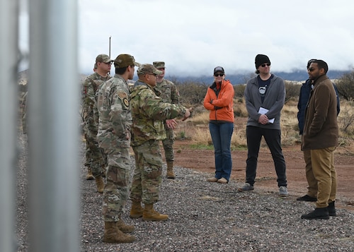 U.S. Space Forces Southern Guardians meet with commercial space industry representatives in Pearce, Arizona, Feb. 17, 2026. The visit marked the first time a Space Force Component conducted an official engagement at the radar site to discuss how commercially available data may support space domain awareness efforts. (U.S. Air Force photo by Staff Sgt. Abbey Rieves)