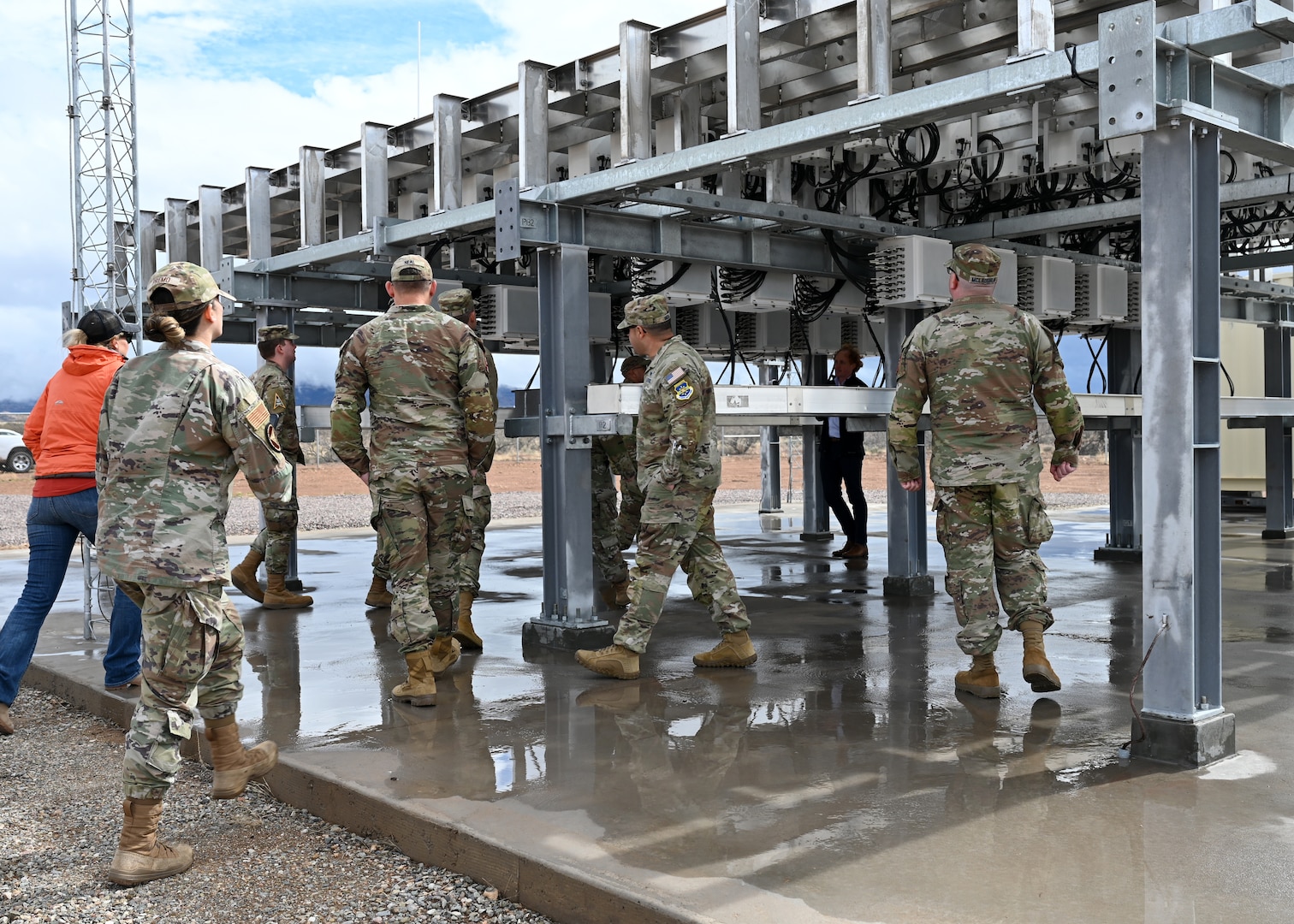 U.S. Space Forces Southern Guardians visit a commercial radar facility in Pearce, Arizona, Feb. 17, 2026. The engagement provided an opportunity to observe radar systems and assess how commercial data sources may contribute to space operations and missions. (U.S. Air Force photo by Staff Sgt. Abbey Rieves)