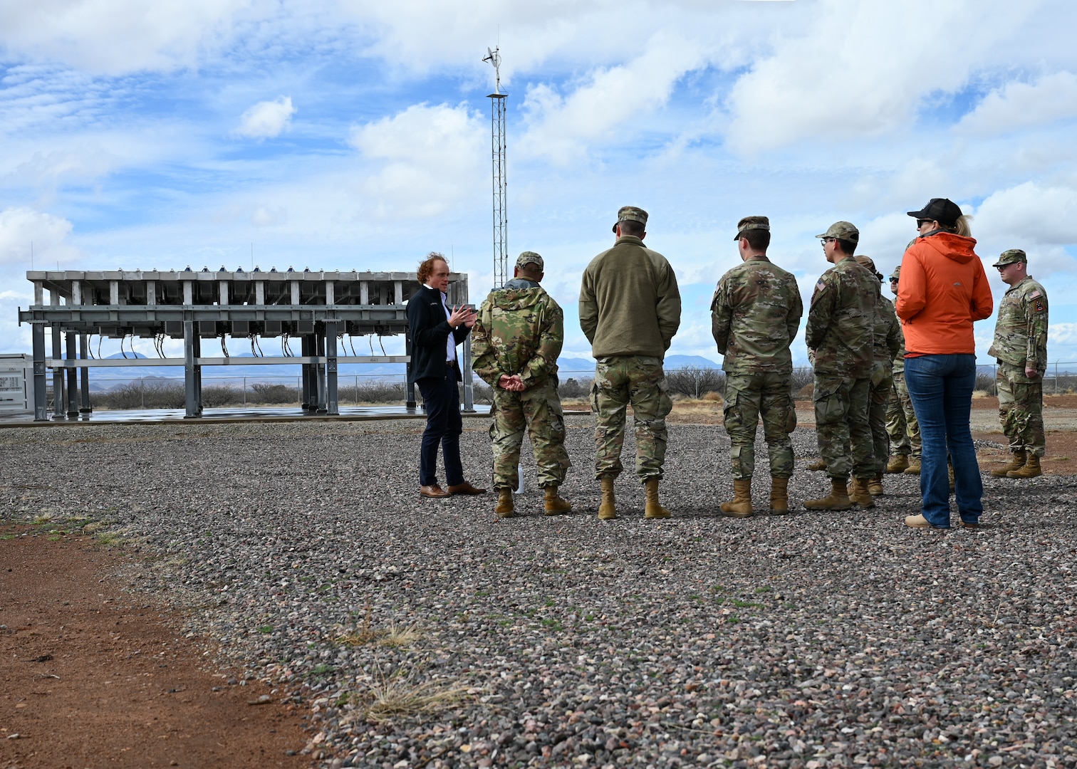 U.S. Space Forces Southern Guardians meet with commercial space industry leaders at a commercial radar site in Pearce, Arizona, Feb. 17, 2026. During the visit, Guardians exchanged perspectives with industry representatives and gained a deeper understanding of how commercial technologies could complement military space operations. (U.S. Air Force photo by Staff Sgt. Abbey Rieves)