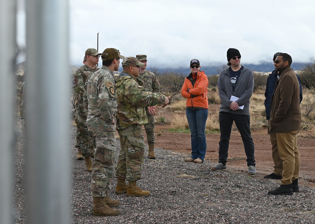 U.S. Space Forces Southern Guardians meet with commercial space industry representatives in Pearce, Arizona, Feb. 17, 2026. The visit marked the first time a Space Force Component conducted an official engagement at the radar site to discuss how commercially available data may support space domain awareness efforts. (U.S. Air Force photo by Staff Sgt. Abbey Rieves)