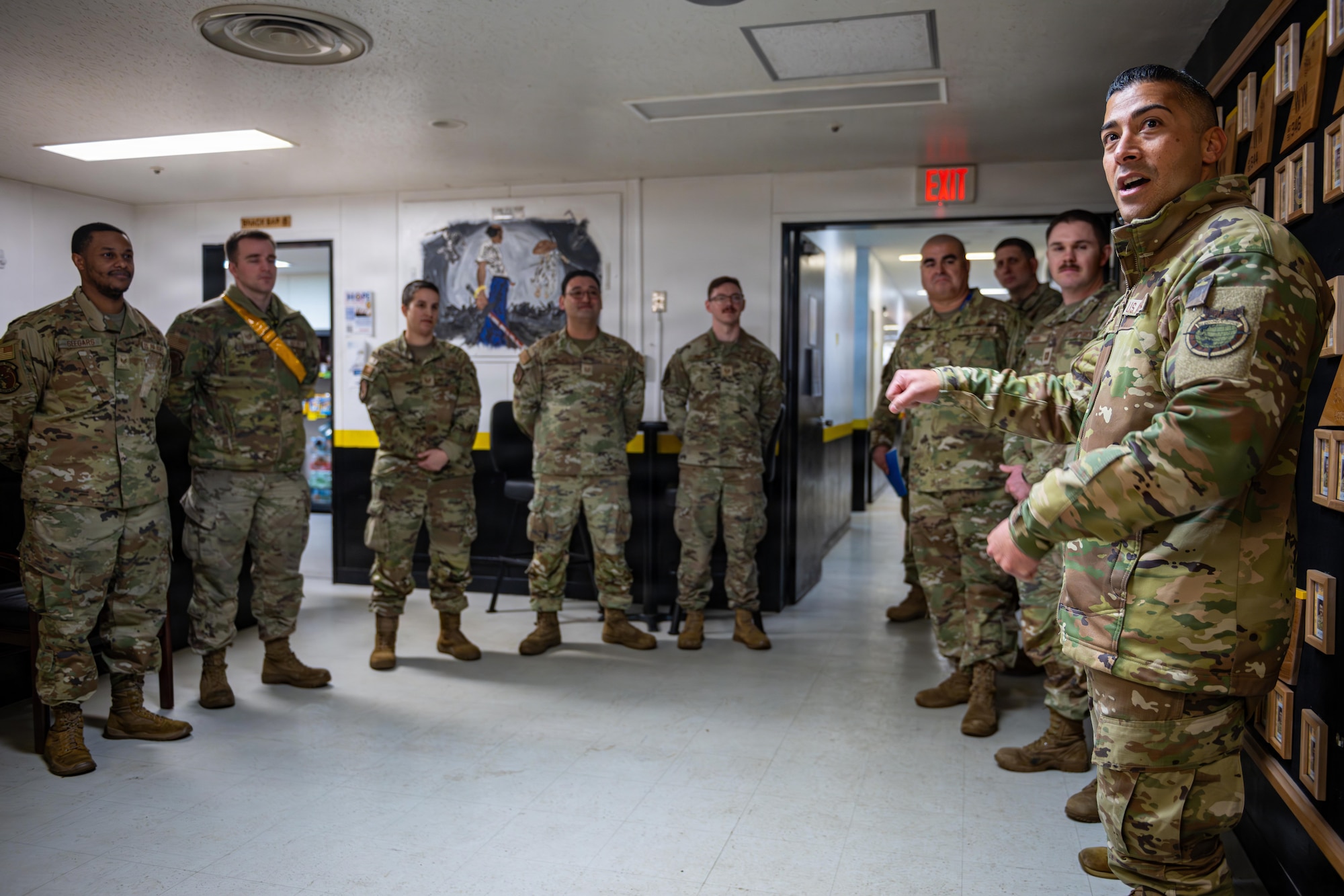 U.S. Air Force Chief Master Sgt. Carlos Damian, U.S. Forces Japan command senior enlisted leader, speaks to Airmen assigned to the 14th Fighter Generation Squadron.